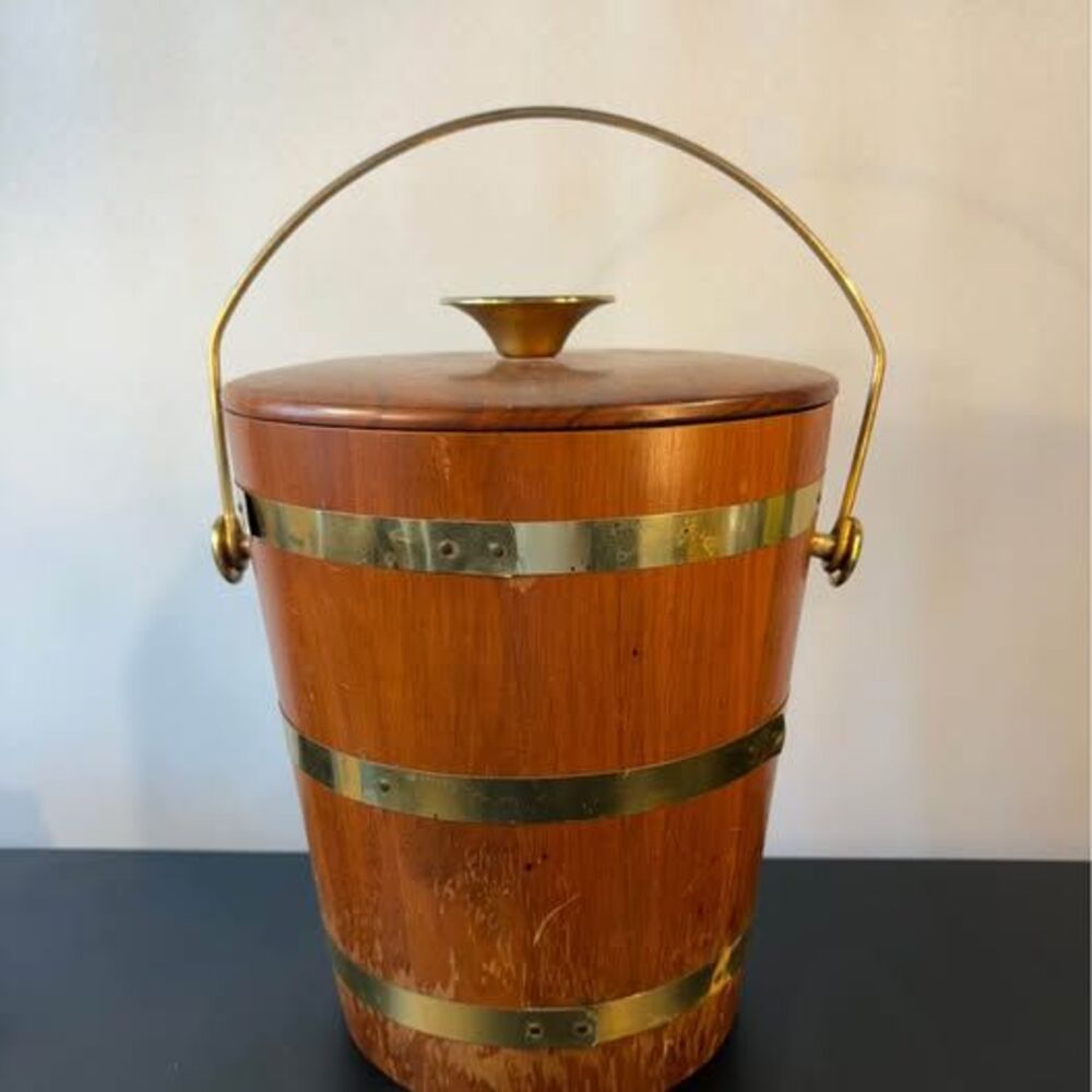 Vintage Mid Century Modern Teak Ice Bucket Brass Bands MCM Barware Barrel